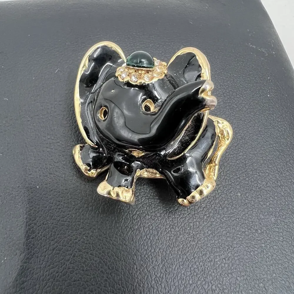 Vintage Unique Circus Elephant Gold Tone & Black Enamel Rhinestone Pin Brooch